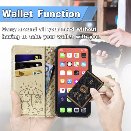Cute Cat and Dog Embossed Horizontal Flip Leather Case with Holder & Card Slots & Wallet & Lanyard For iPhone 13 Pro(Gold)-garmade.com
