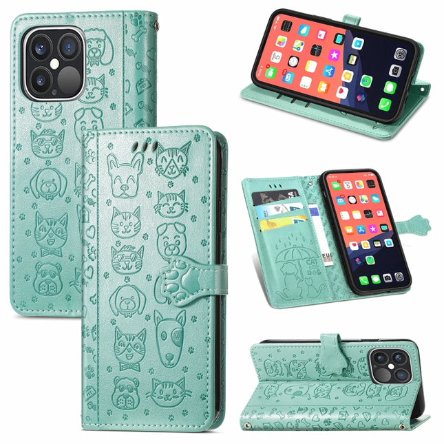 Cute Cat and Dog Embossed Horizontal Flip Leather Case with Holder & Card Slots & Wallet & Lanyard For iPhone 13 Pro(Green)-garmade.com