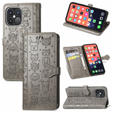 Cute Cat and Dog Embossed Horizontal Flip Leather Case with Holder & Card Slots & Wallet & Lanyard For iPhone 13 Pro(Gray)-garmade.com