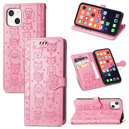Cute Cat and Dog Embossed Horizontal Flip Leather Case with Holder & Card Slots & Wallet & Lanyard For iPhone 13(Pink)-garmade.com