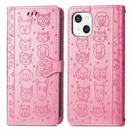 Cute Cat and Dog Embossed Horizontal Flip Leather Case with Holder & Card Slots & Wallet & Lanyard For iPhone 13(Pink)-garmade.com