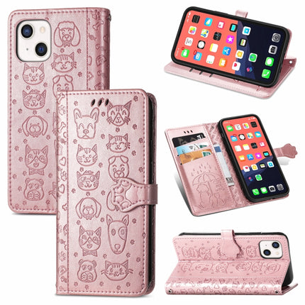 Cute Cat and Dog Embossed Horizontal Flip Leather Case with Holder & Card Slots & Wallet & Lanyard For iPhone 13(Rose Gold)-garmade.com