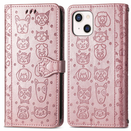 Cute Cat and Dog Embossed Horizontal Flip Leather Case with Holder & Card Slots & Wallet & Lanyard For iPhone 13(Rose Gold)-garmade.com