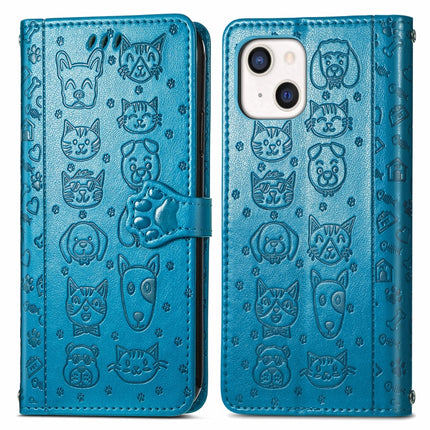 Cute Cat and Dog Embossed Horizontal Flip Leather Case with Holder & Card Slots & Wallet & Lanyard For iPhone 13(Blue)-garmade.com