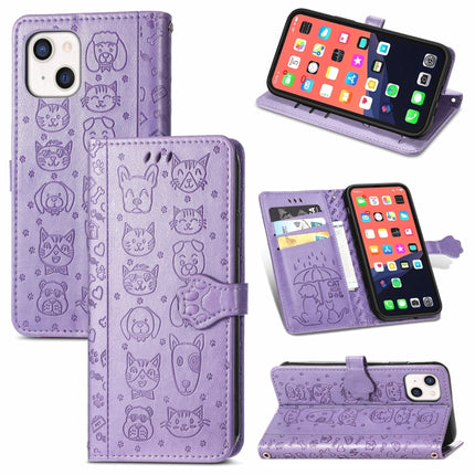 Cute Cat and Dog Embossed Horizontal Flip Leather Case with Holder & Card Slots & Wallet & Lanyard For iPhone 13(Purple)-garmade.com