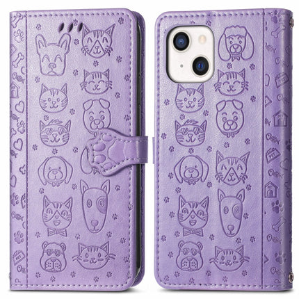 Cute Cat and Dog Embossed Horizontal Flip Leather Case with Holder & Card Slots & Wallet & Lanyard For iPhone 13(Purple)-garmade.com