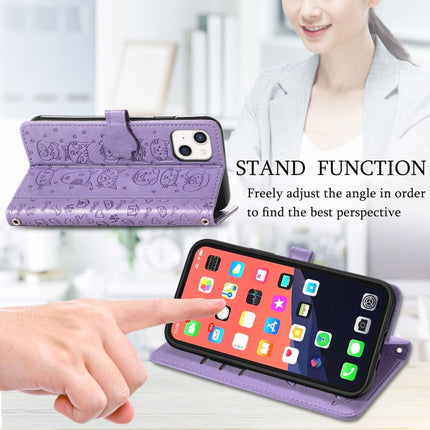 Cute Cat and Dog Embossed Horizontal Flip Leather Case with Holder & Card Slots & Wallet & Lanyard For iPhone 13(Purple)-garmade.com
