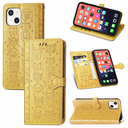 Cute Cat and Dog Embossed Horizontal Flip Leather Case with Holder & Card Slots & Wallet & Lanyard For iPhone 13(Yellow)-garmade.com