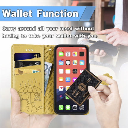 Cute Cat and Dog Embossed Horizontal Flip Leather Case with Holder & Card Slots & Wallet & Lanyard For iPhone 13(Yellow)-garmade.com