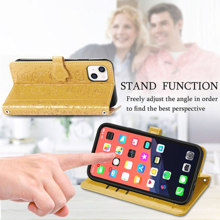 Cute Cat and Dog Embossed Horizontal Flip Leather Case with Holder & Card Slots & Wallet & Lanyard For iPhone 13(Yellow)-garmade.com