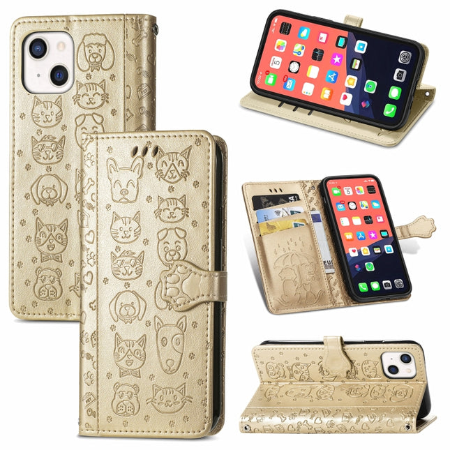 Cute Cat and Dog Embossed Horizontal Flip Leather Case with Holder & Card Slots & Wallet & Lanyard For iPhone 13(Gold)-garmade.com