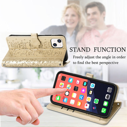 Cute Cat and Dog Embossed Horizontal Flip Leather Case with Holder & Card Slots & Wallet & Lanyard For iPhone 13(Gold)-garmade.com