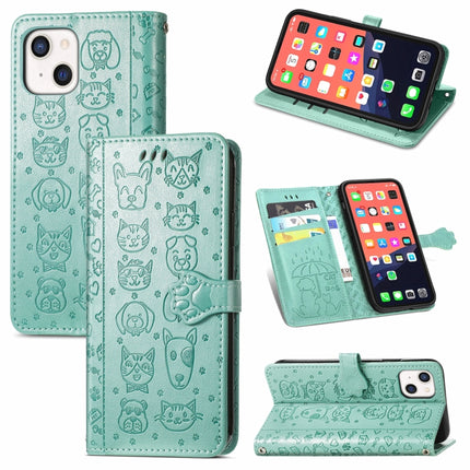 Cute Cat and Dog Embossed Horizontal Flip Leather Case with Holder & Card Slots & Wallet & Lanyard For iPhone 13(Green)-garmade.com