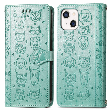 Cute Cat and Dog Embossed Horizontal Flip Leather Case with Holder & Card Slots & Wallet & Lanyard For iPhone 13(Green)-garmade.com