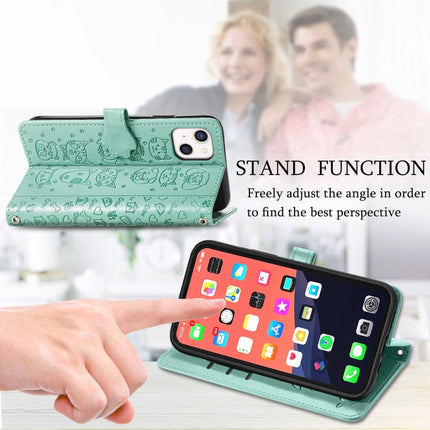 Cute Cat and Dog Embossed Horizontal Flip Leather Case with Holder & Card Slots & Wallet & Lanyard For iPhone 13(Green)-garmade.com
