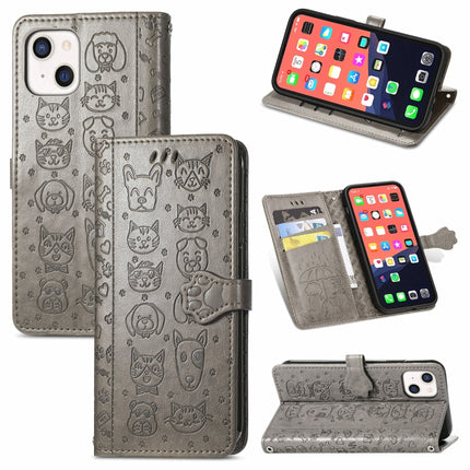 Cute Cat and Dog Embossed Horizontal Flip Leather Case with Holder & Card Slots & Wallet & Lanyard For iPhone 13(Gray)-garmade.com