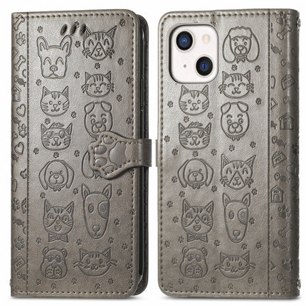 Cute Cat and Dog Embossed Horizontal Flip Leather Case with Holder & Card Slots & Wallet & Lanyard For iPhone 13(Gray)-garmade.com