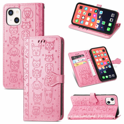 Cute Cat and Dog Embossed Horizontal Flip Leather Case with Holder & Card Slots & Wallet & Lanyard For iPhone 13 mini(Pink)-garmade.com