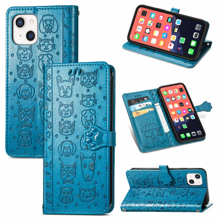 Cute Cat and Dog Embossed Horizontal Flip Leather Case with Holder & Card Slots & Wallet & Lanyard For iPhone 13 mini(Blue)-garmade.com