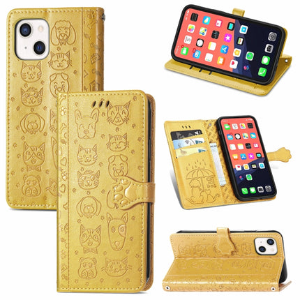 Cute Cat and Dog Embossed Horizontal Flip Leather Case with Holder & Card Slots & Wallet & Lanyard For iPhone 13 mini(Yellow)-garmade.com