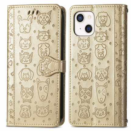 Cute Cat and Dog Embossed Horizontal Flip Leather Case with Holder & Card Slots & Wallet & Lanyard For iPhone 13 mini(Gold)-garmade.com