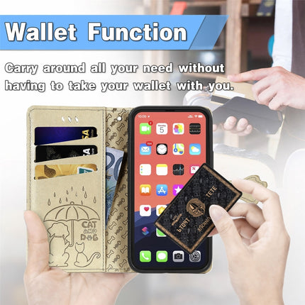 Cute Cat and Dog Embossed Horizontal Flip Leather Case with Holder & Card Slots & Wallet & Lanyard For iPhone 13 mini(Gold)-garmade.com