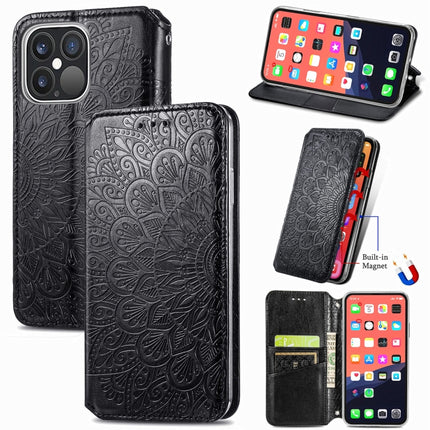 For iPhone 13 Pro Max Blooming Mandala Embossed Pattern Magnetic Horizontal Flip Leather Case with Holder & Card Slots & Wallet(Black)-garmade.com