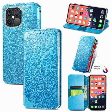 For iPhone 13 Pro Max Blooming Mandala Embossed Pattern Magnetic Horizontal Flip Leather Case with Holder & Card Slots & Wallet(Blue)-garmade.com