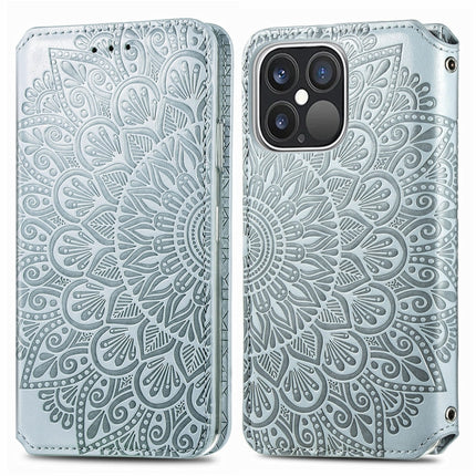 For iPhone 13 Pro Max Blooming Mandala Embossed Pattern Magnetic Horizontal Flip Leather Case with Holder & Card Slots & Wallet(Grey)-garmade.com
