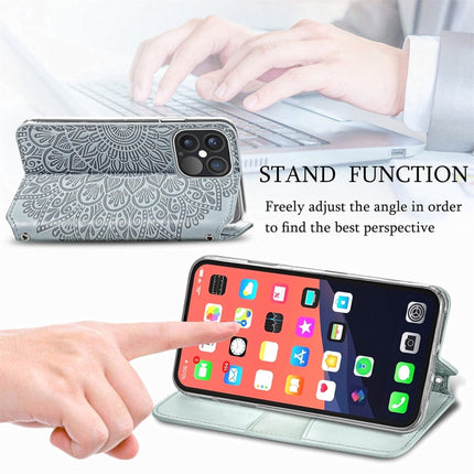 For iPhone 13 Pro Max Blooming Mandala Embossed Pattern Magnetic Horizontal Flip Leather Case with Holder & Card Slots & Wallet(Grey)-garmade.com