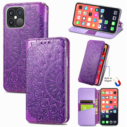 For iPhone 13 Pro Max Blooming Mandala Embossed Pattern Magnetic Horizontal Flip Leather Case with Holder & Card Slots & Wallet(Purple)-garmade.com