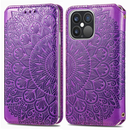 For iPhone 13 Pro Max Blooming Mandala Embossed Pattern Magnetic Horizontal Flip Leather Case with Holder & Card Slots & Wallet(Purple)-garmade.com