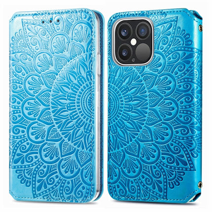 For iPhone 13 Pro Blooming Mandala Embossed Pattern Magnetic Horizontal Flip Leather Case with Holder & Card Slots & Wallet(Blue)-garmade.com