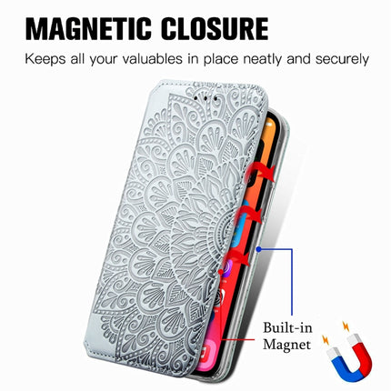 For iPhone 13 Pro Blooming Mandala Embossed Pattern Magnetic Horizontal Flip Leather Case with Holder & Card Slots & Wallet(Grey)-garmade.com