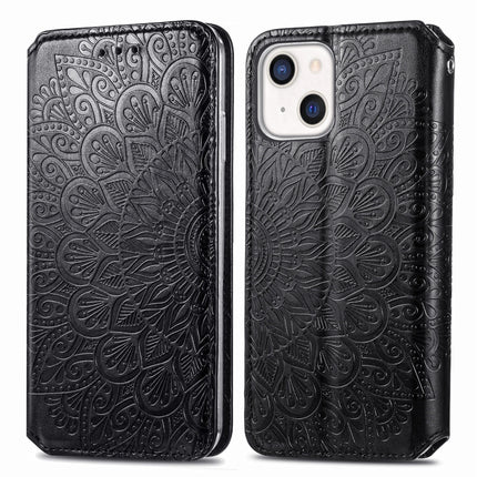 For iPhone 13 Blooming Mandala Embossed Pattern Magnetic Horizontal Flip Leather Case with Holder & Card Slots & Wallet(Black)-garmade.com