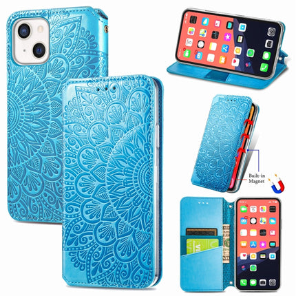 For iPhone 13 Blooming Mandala Embossed Pattern Magnetic Horizontal Flip Leather Case with Holder & Card Slots & Wallet(Blue)-garmade.com