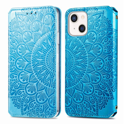 For iPhone 13 Blooming Mandala Embossed Pattern Magnetic Horizontal Flip Leather Case with Holder & Card Slots & Wallet(Blue)-garmade.com