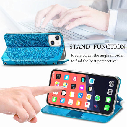 For iPhone 13 Blooming Mandala Embossed Pattern Magnetic Horizontal Flip Leather Case with Holder & Card Slots & Wallet(Blue)-garmade.com