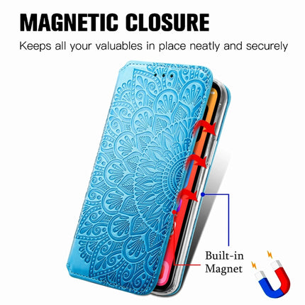 For iPhone 13 Blooming Mandala Embossed Pattern Magnetic Horizontal Flip Leather Case with Holder & Card Slots & Wallet(Blue)-garmade.com