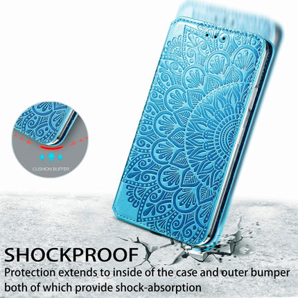 For iPhone 13 Blooming Mandala Embossed Pattern Magnetic Horizontal Flip Leather Case with Holder & Card Slots & Wallet(Blue)-garmade.com