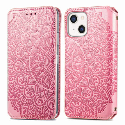 For iPhone 13 Blooming Mandala Embossed Pattern Magnetic Horizontal Flip Leather Case with Holder & Card Slots & Wallet(Pink)-garmade.com