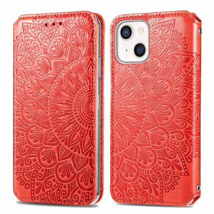 For iPhone 13 Blooming Mandala Embossed Pattern Magnetic Horizontal Flip Leather Case with Holder & Card Slots & Wallet(Red)-garmade.com