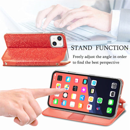 For iPhone 13 Blooming Mandala Embossed Pattern Magnetic Horizontal Flip Leather Case with Holder & Card Slots & Wallet(Red)-garmade.com