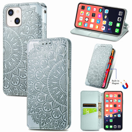 For iPhone 13 Blooming Mandala Embossed Pattern Magnetic Horizontal Flip Leather Case with Holder & Card Slots & Wallet(Grey)-garmade.com