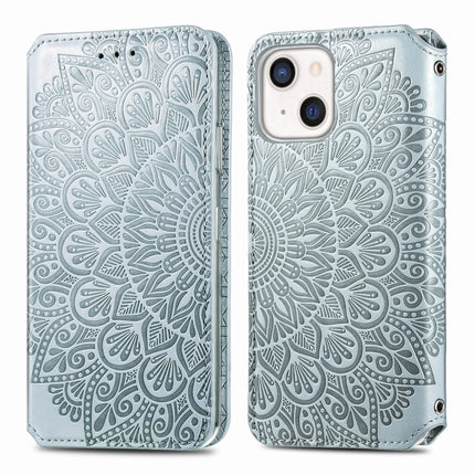 For iPhone 13 Blooming Mandala Embossed Pattern Magnetic Horizontal Flip Leather Case with Holder & Card Slots & Wallet(Grey)-garmade.com