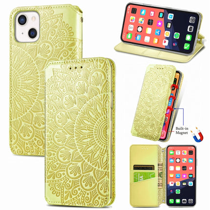 For iPhone 13 Blooming Mandala Embossed Pattern Magnetic Horizontal Flip Leather Case with Holder & Card Slots & Wallet(Yellow)-garmade.com