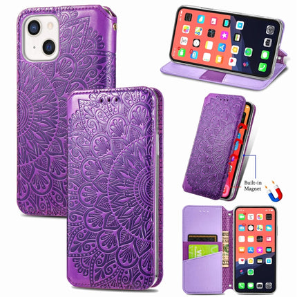 For iPhone 13 Blooming Mandala Embossed Pattern Magnetic Horizontal Flip Leather Case with Holder & Card Slots & Wallet(Purple)-garmade.com