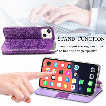 For iPhone 13 Blooming Mandala Embossed Pattern Magnetic Horizontal Flip Leather Case with Holder & Card Slots & Wallet(Purple)-garmade.com