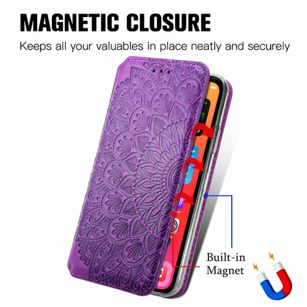 For iPhone 13 Blooming Mandala Embossed Pattern Magnetic Horizontal Flip Leather Case with Holder & Card Slots & Wallet(Purple)-garmade.com