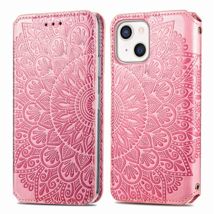 For iPhone 13 mini Blooming Mandala Embossed Pattern Magnetic Horizontal Flip Leather Case with Holder & Card Slots & Wallet(Pink)-garmade.com